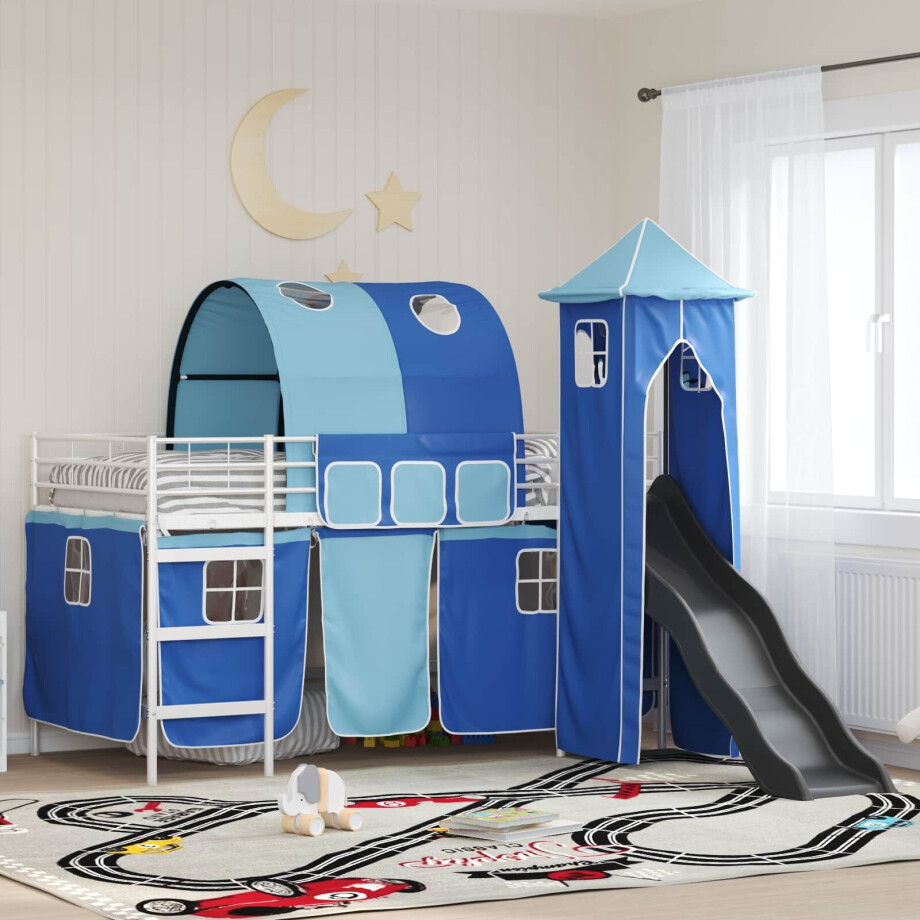 vidaXL Loftbed voor Kids Wit en Blauw 107 x 200 cm Metaal afbeelding 1