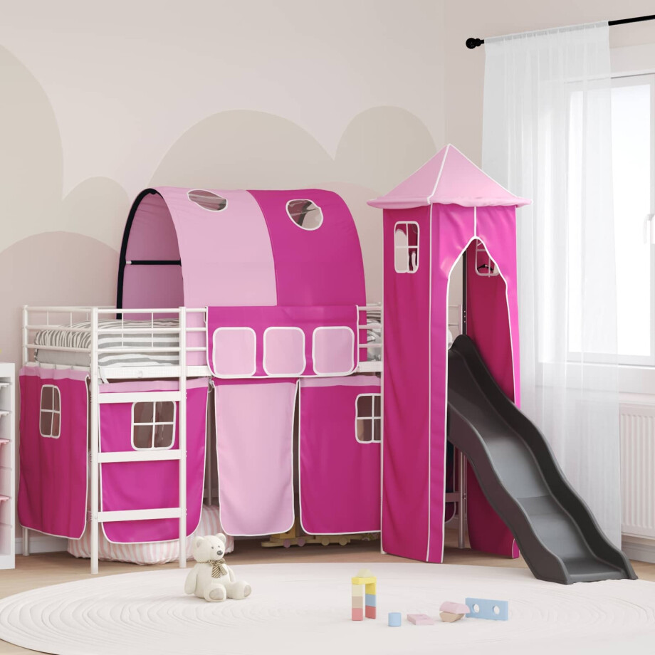 vidaXL Loftbed voor Kids Wit en Roze 90 x 190 cm Metaal afbeelding 1