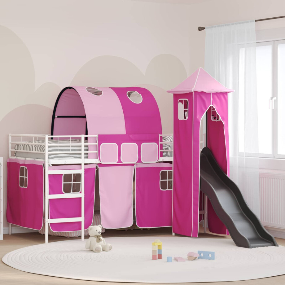 vidaXL Loftbed voor Kids Wit en Roze 90 x 200 cm Metaal afbeelding 1