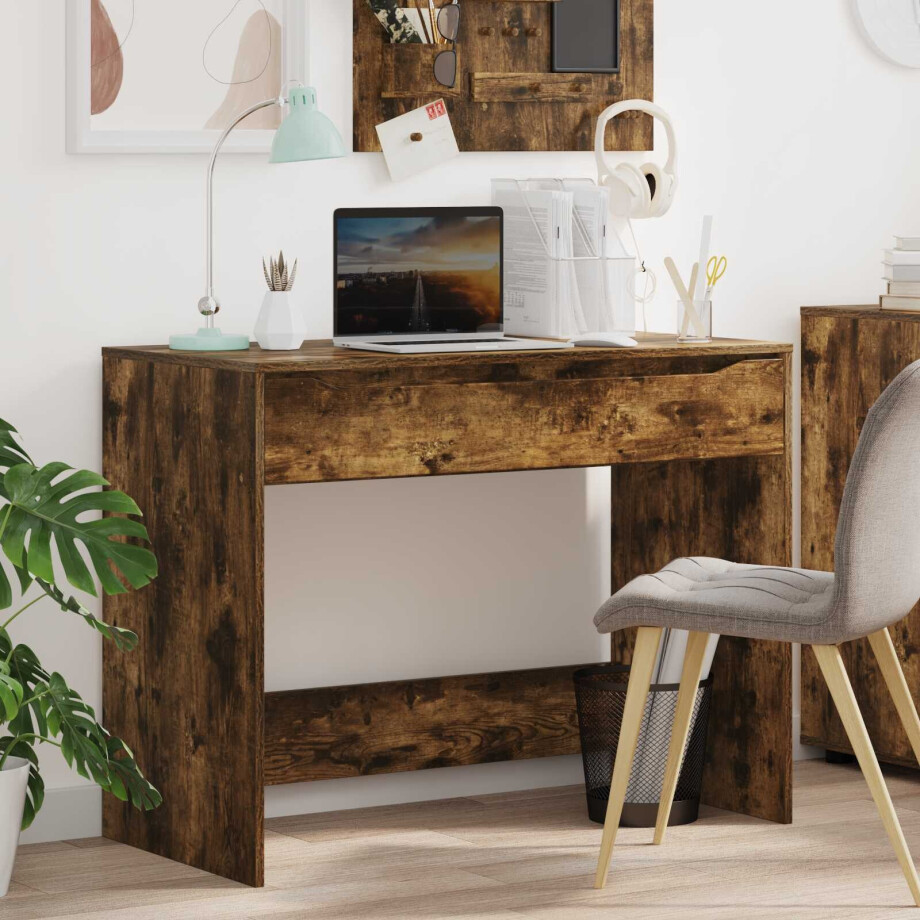 vidaXL Bureau met Lade Gerookt eiken 100 x 50 x 78 cm Bewerkt hout afbeelding 1