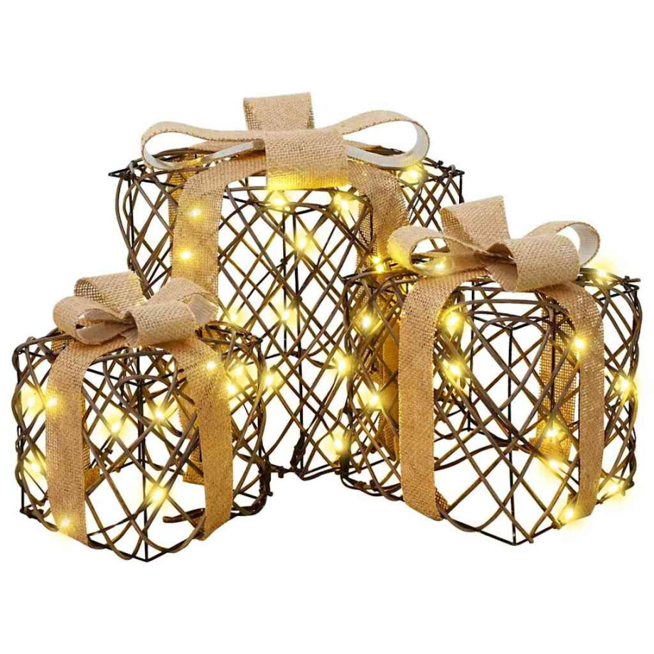 vidaXL Cadeau Doos met 60 LED 3 pcs Warmwit 20 x 20 x 20 cm Rattan afbeelding 1