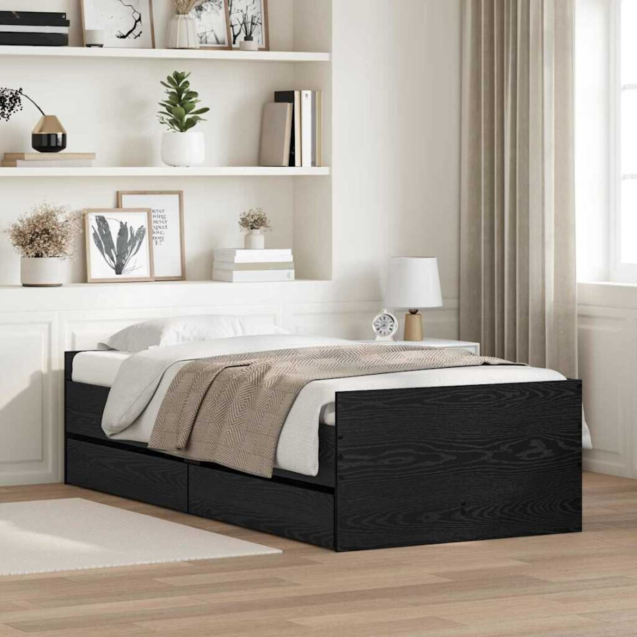 vidaXL Bedframe met lade Zwart Eiken 100 x 200 cm Massief grenenhout afbeelding 1