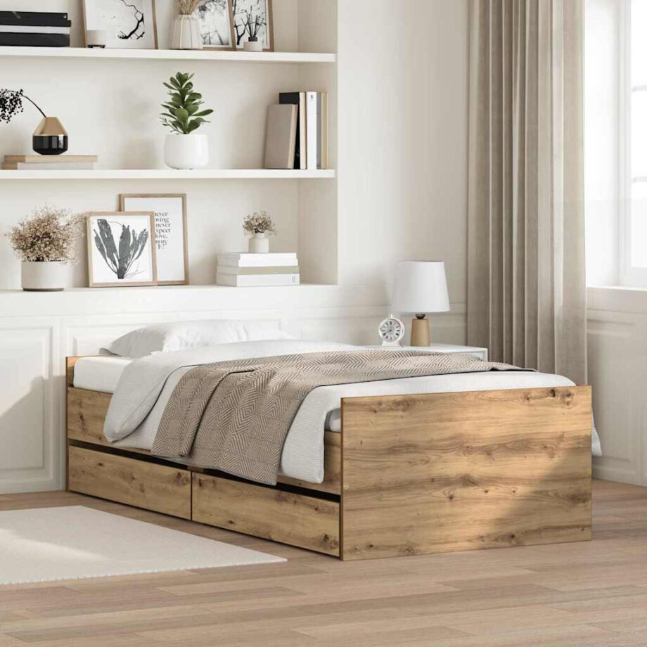 vidaXL Bedframe met lade Artisan Eiken 90 x 190 cm Massief grenenhout afbeelding 1