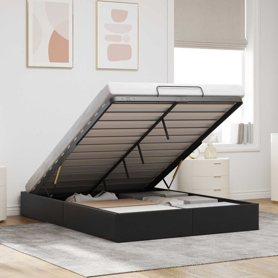 vidaXL Ottoman Bedframe Zwart 153 x 203 cm Kunstleer afbeelding 1