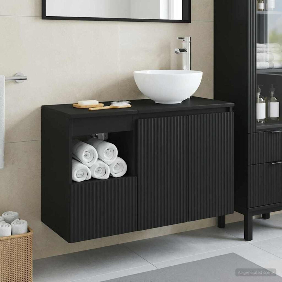 vidaXL Badkamermeubelset 2 st Zwart Bewerkt hout vidaXL Badkamermeubelset 2 st Zwart Bewerkt hout afbeelding 1