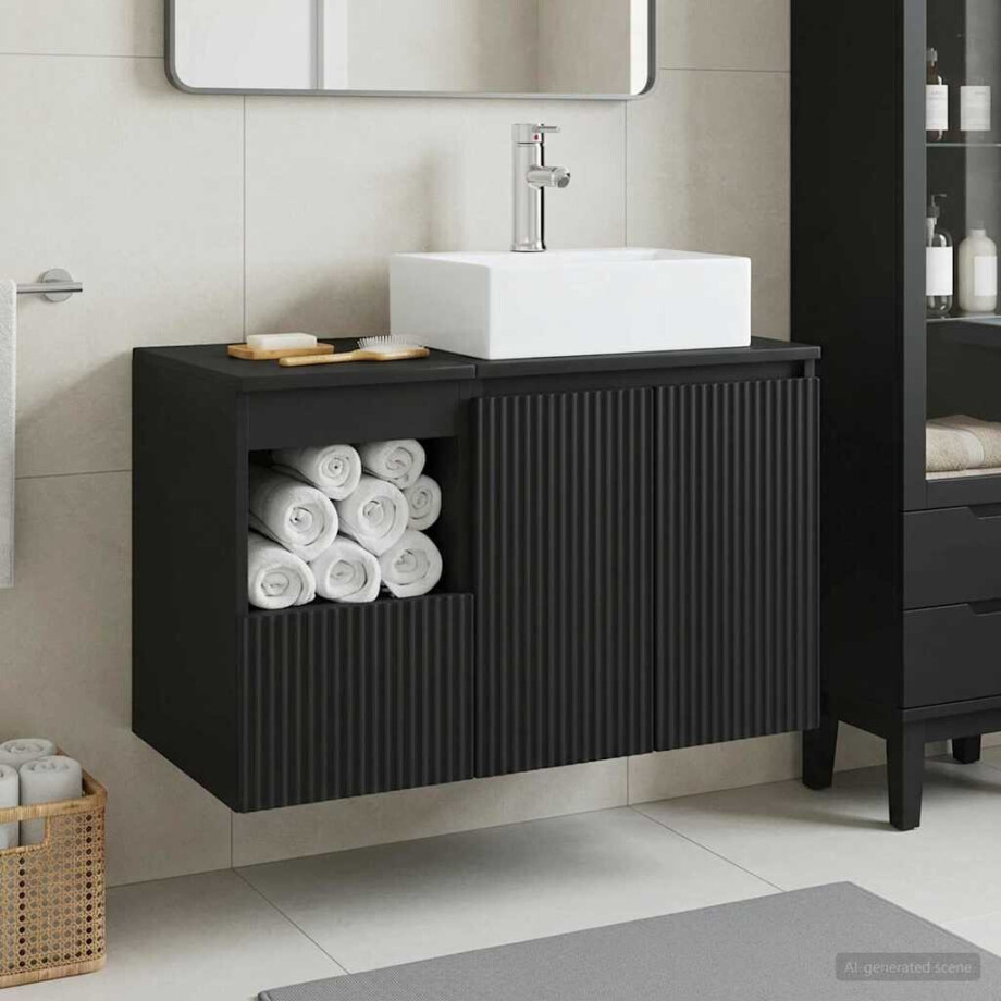 vidaXL Badkamermeubelset 2 st Zwart Bewerkt hout afbeelding 1