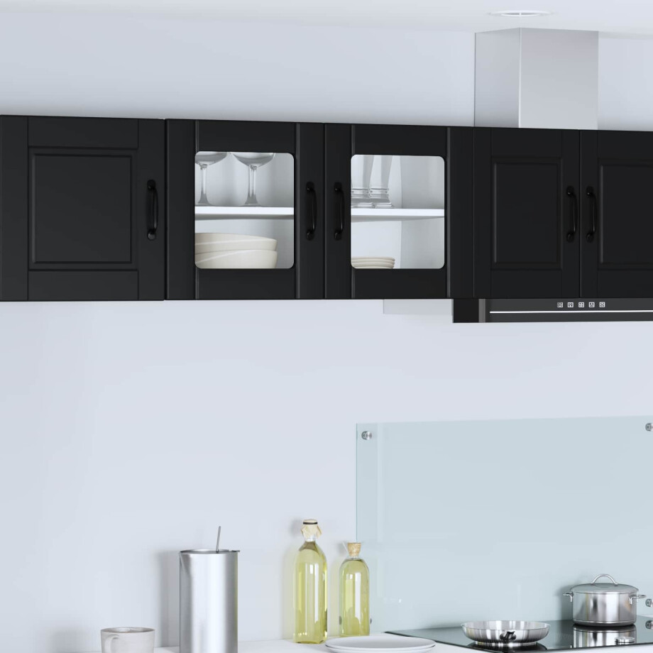 vidaXL Wand Glas Kasten PORTO Zwart 80 x 31 x 40 cm Bewerkt hout afbeelding 1