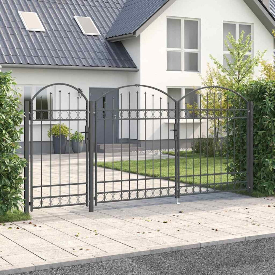 vidaXL Tuinhekgate met gebogen top Assen Grijs 400 x 125 cm Staal vidaXL Tuinhekgate met gebogen top Assen Grijs 400 x 125 cm Staal afbeelding 1