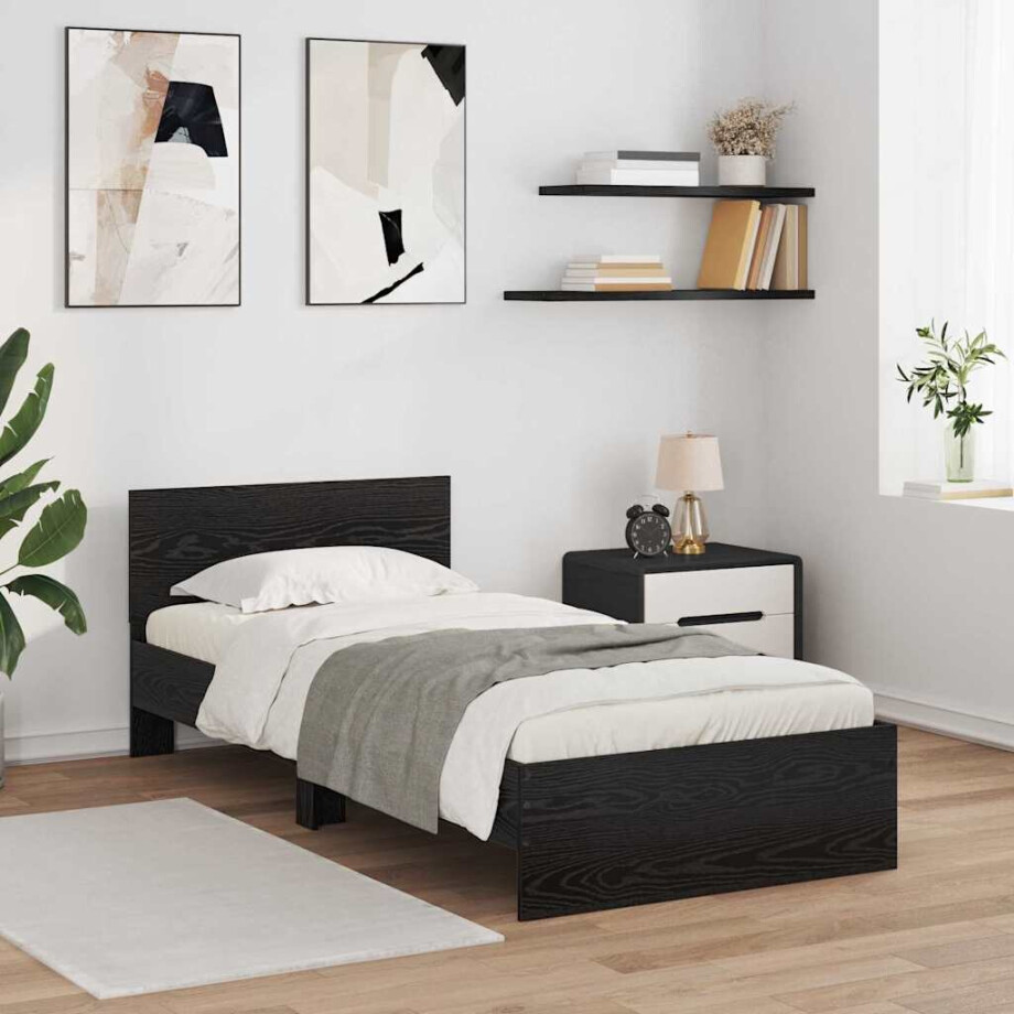 vidaXL Bedframe met hoofdeinde Zwart Eiken 90 x 200 cm Bewerkt hout afbeelding 1