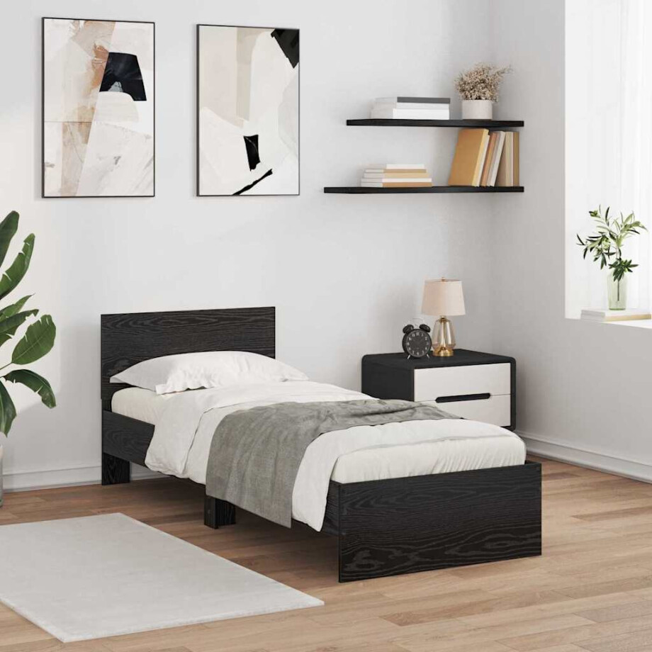 vidaXL Bedframe met hoofdeinde Zwart Eiken 75 x 190 cm Bewerkt hout afbeelding 1
