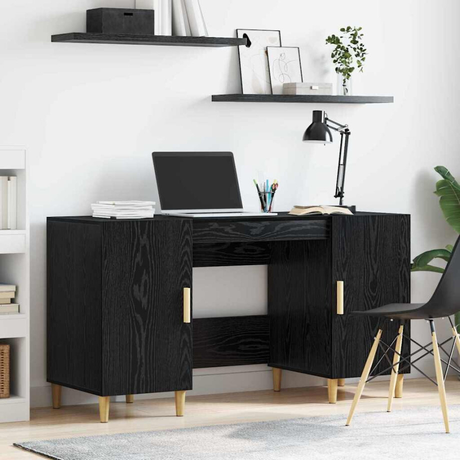 vidaXL Bureau met plank Zwart Eiken 140 x 50 x 75 cm Bewerkt hout afbeelding 1