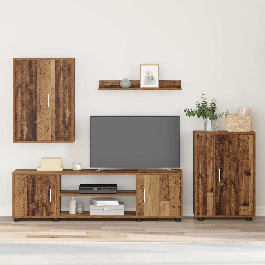 vidaXL 4 Delige TV Kast Set met plank Wandgemonteerd met opslag met de deur 4 pcs Oud hout Bewerkt hout afbeelding 1