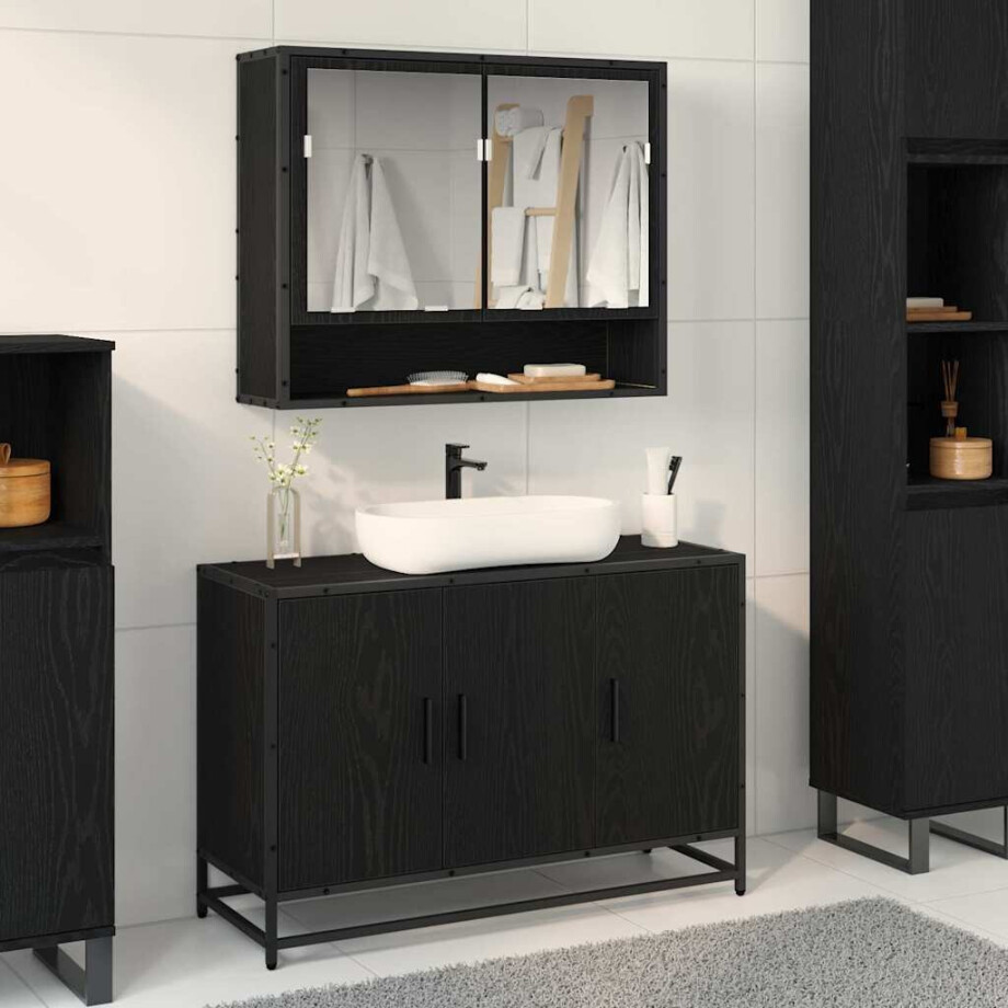 vidaXL Badkamermeubelset met plank 2 pcs Zwart Eiken Bewerkt hout afbeelding 1