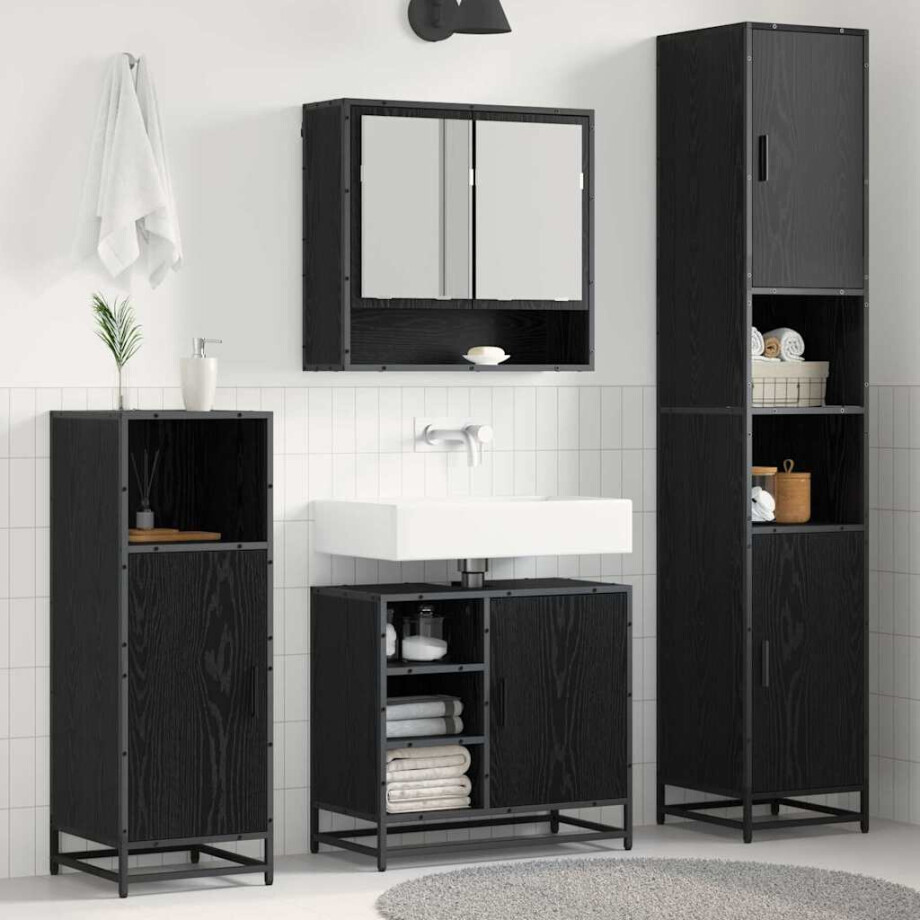 vidaXL Badkamermeubelset met plank 4 pcs Zwart Eiken Bewerkt hout afbeelding 1