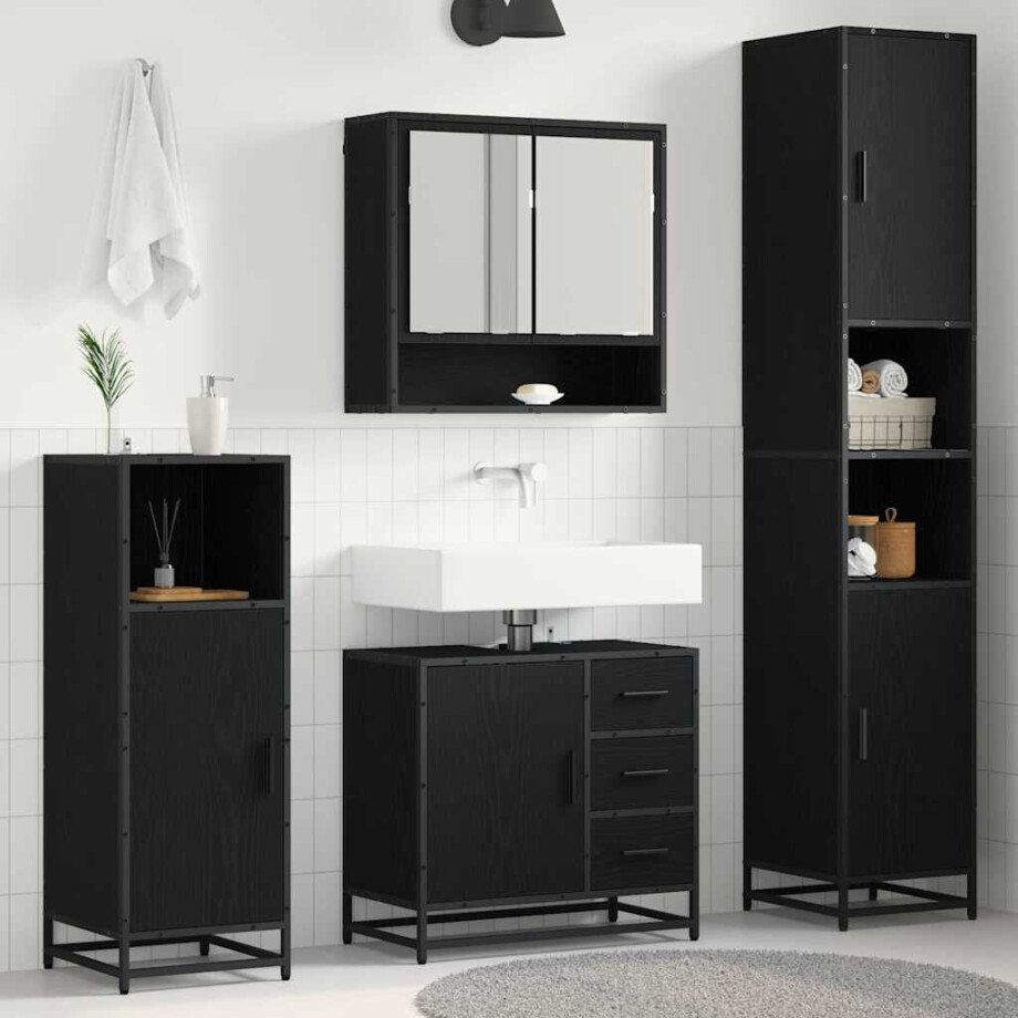 vidaXL Badkamermeubelset met lade 4 pcs Zwart Eiken Bewerkt hout vidaXL Badkamermeubelset met lade 4 pcs Zwart Eiken Bewerkt hout afbeelding 1