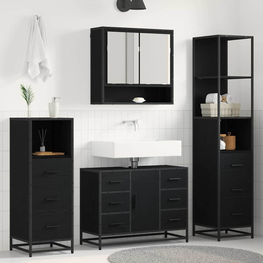 vidaXL Badkamermeubelset met lade 4 pcs Zwart Eiken Bewerkt hout vidaXL Badkamermeubelset met lade 4 pcs Zwart Eiken Bewerkt hout afbeelding 1