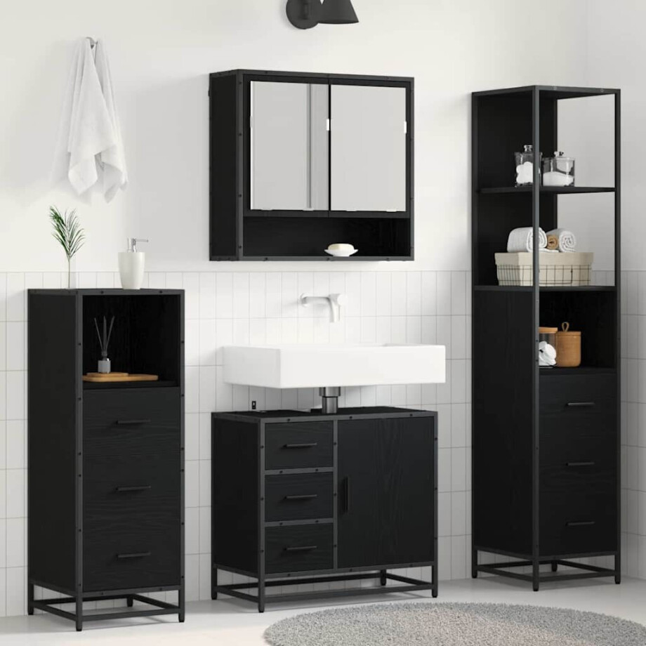 vidaXL Badkamermeubelset met lade 4 pcs Zwart Eiken Bewerkt hout vidaXL Badkamermeubelset met lade 4 pcs Zwart Eiken Bewerkt hout afbeelding 1