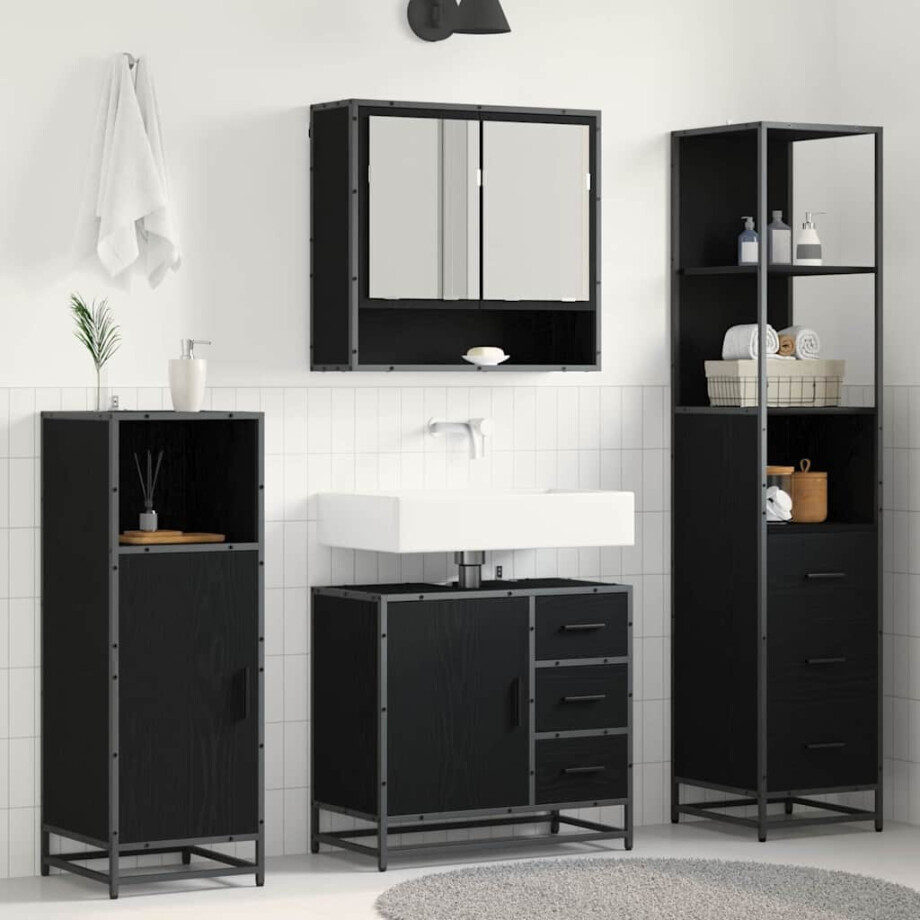 vidaXL Badkamermeubelset met lade 3 pcs Zwart Eiken Bewerkt hout vidaXL Badkamermeubelset met lade 3 pcs Zwart Eiken Bewerkt hout afbeelding 1