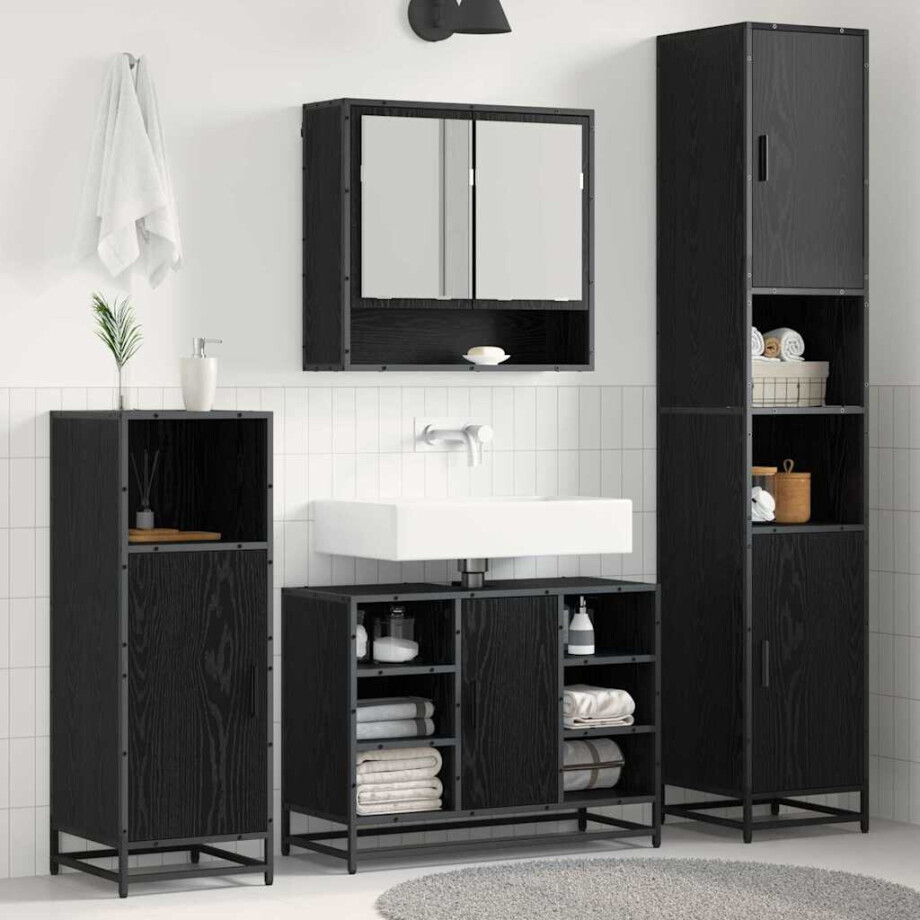 vidaXL Badkamermeubelset met plank 4 pcs Zwart Eiken Bewerkt hout vidaXL Badkamermeubelset met plank 4 pcs Zwart Eiken Bewerkt hout afbeelding 1