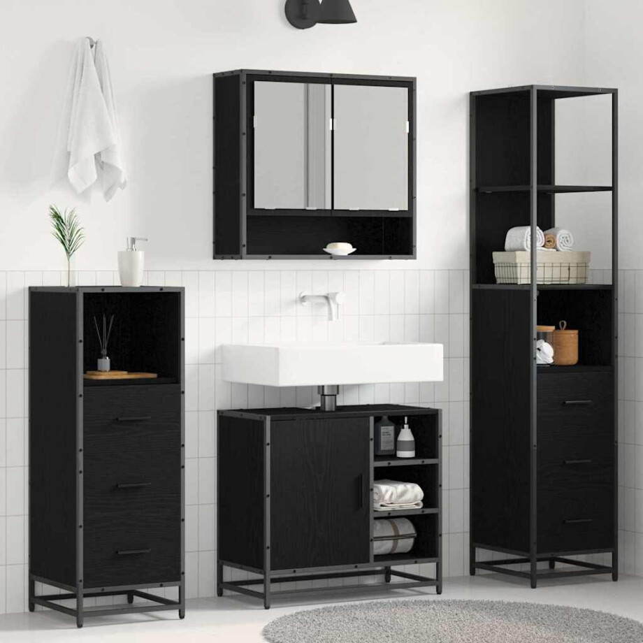 vidaXL Badkamermeubelset met lade 4 pcs Zwart Eiken Bewerkt hout vidaXL Badkamermeubelset met lade 4 pcs Zwart Eiken Bewerkt hout afbeelding 1