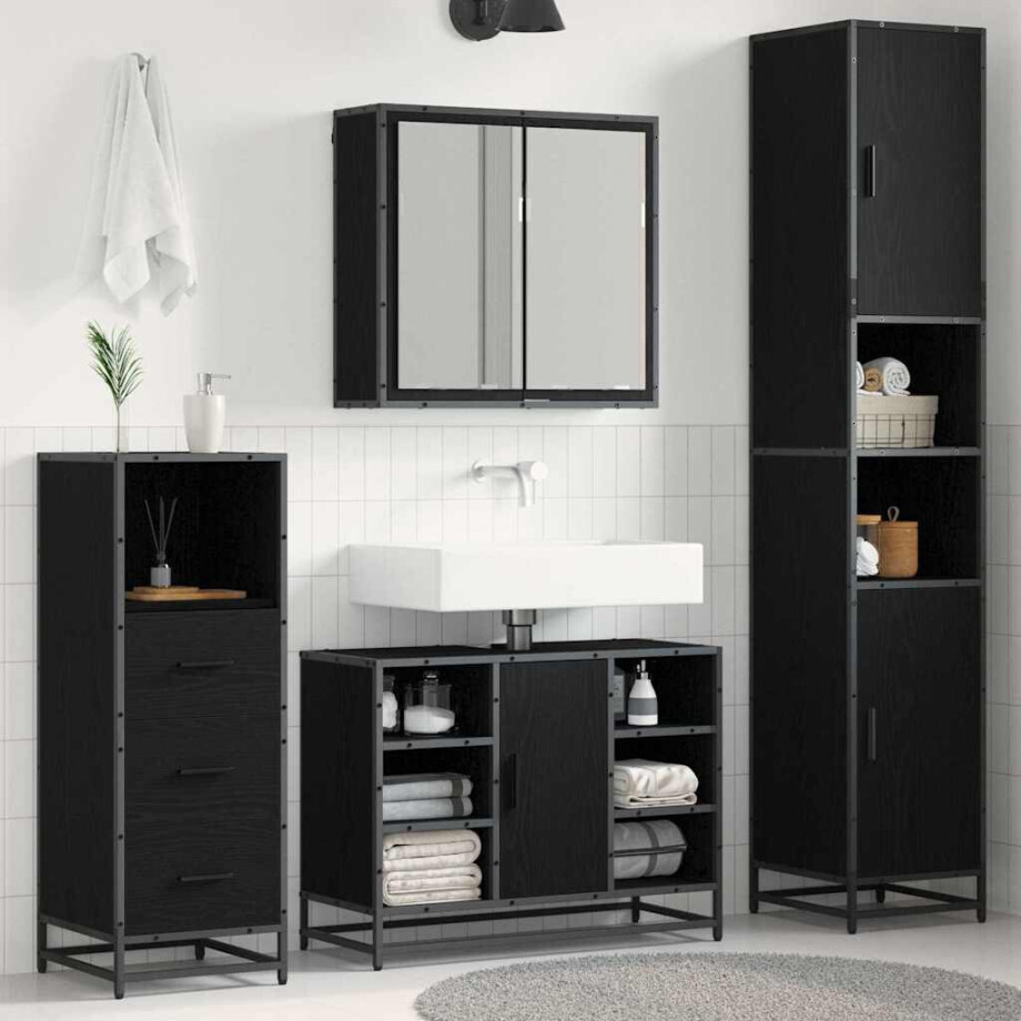 vidaXL Badkamermeubelset met opslag 3 pcs Zwart eiken 80 x 33 x 60 cm afbeelding 1