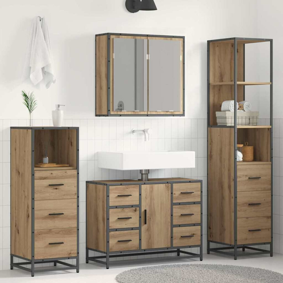 vidaXL Badkamermeubelset 4 pcs artisanaal eikenkleurig Bewerkt hout afbeelding 1