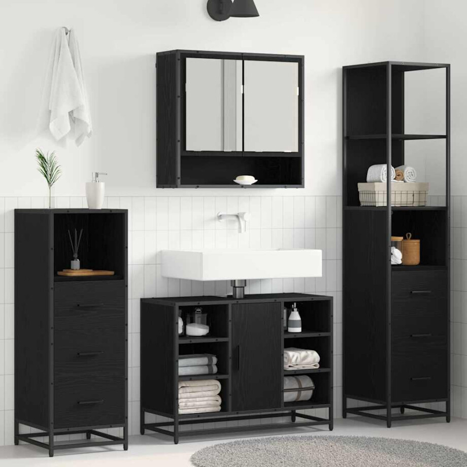 vidaXL Badkamermeubelset met lade 3 pcs Zwart Eiken Bewerkt hout vidaXL Badkamermeubelset met lade 3 pcs Zwart Eiken Bewerkt hout afbeelding 1
