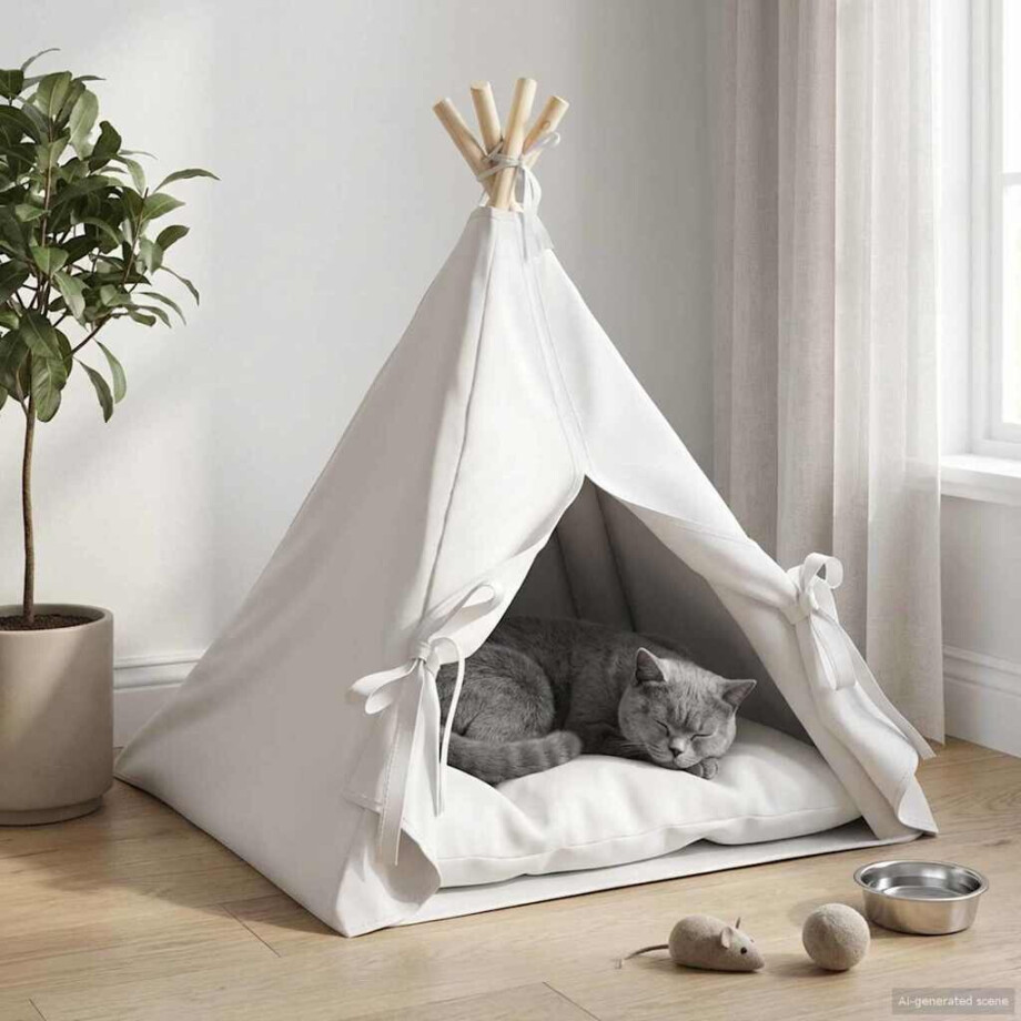 vidaXL Dieren teepee met kussen Wit 60 x 60 x 70 cm Polyester afbeelding 1