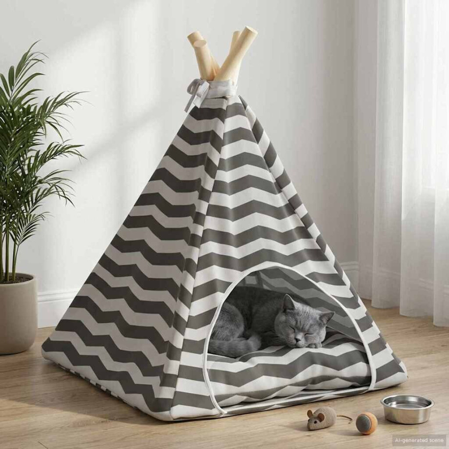 vidaXL Dieren teepee met kussen Wit en Grijs 40 x 40 x 50 cm Polyester afbeelding 1
