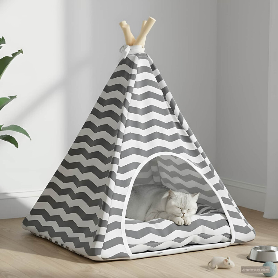 vidaXL Dieren teepee met kussen Wit en Grijs 50 x 50 x 60 cm Polyester afbeelding 1