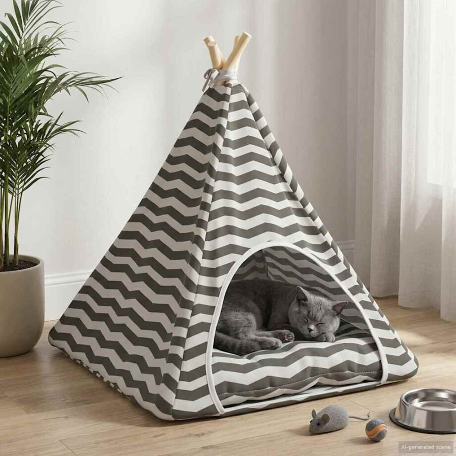 vidaXL Dieren teepee met kussen Wit en Grijs 60 x 60 x 70 cm Polyester afbeelding 1