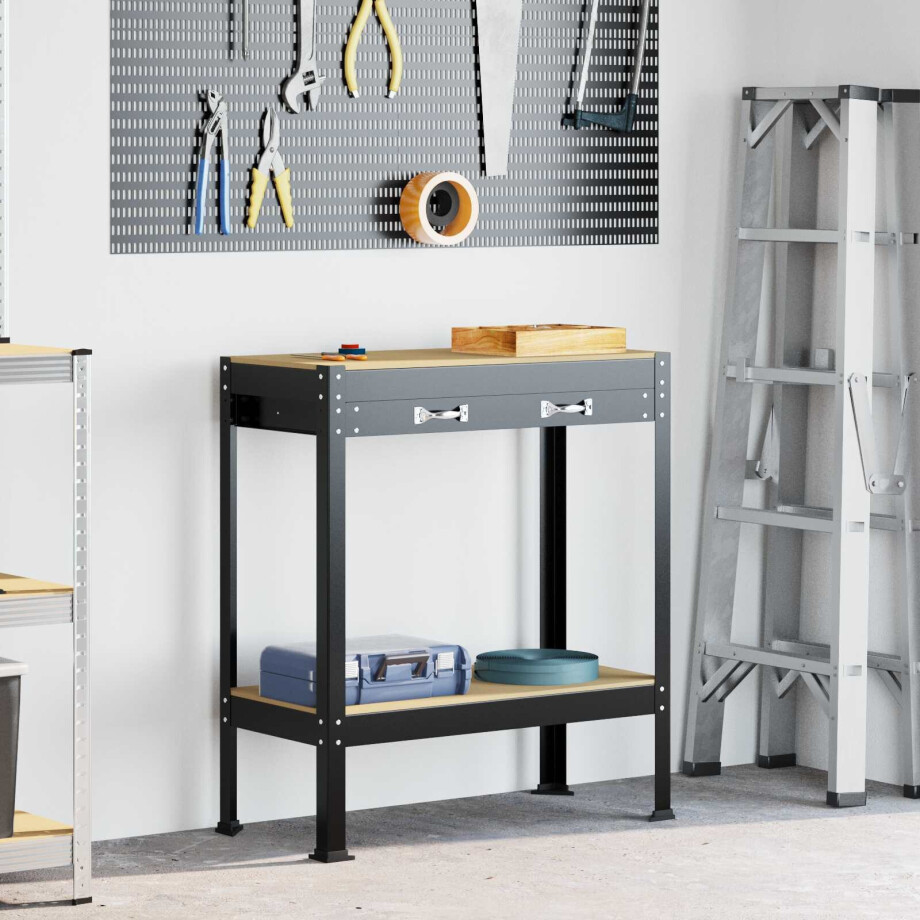 vidaXL Werkbank met lade Zwart 80 x 40 x 91 cm Bewerkt hout en metaal afbeelding 1