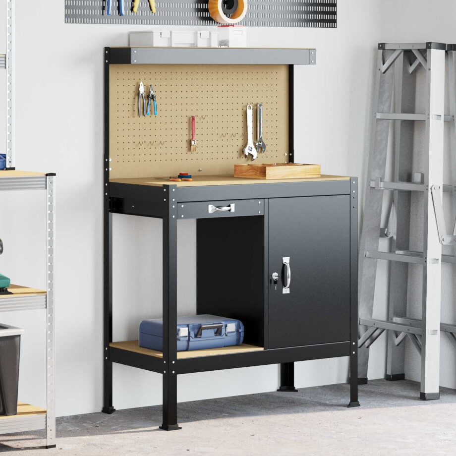 vidaXL Werkbank met lade Zwart 90 x 49 x 141 cm Bewerkt hout en metaal afbeelding 1
