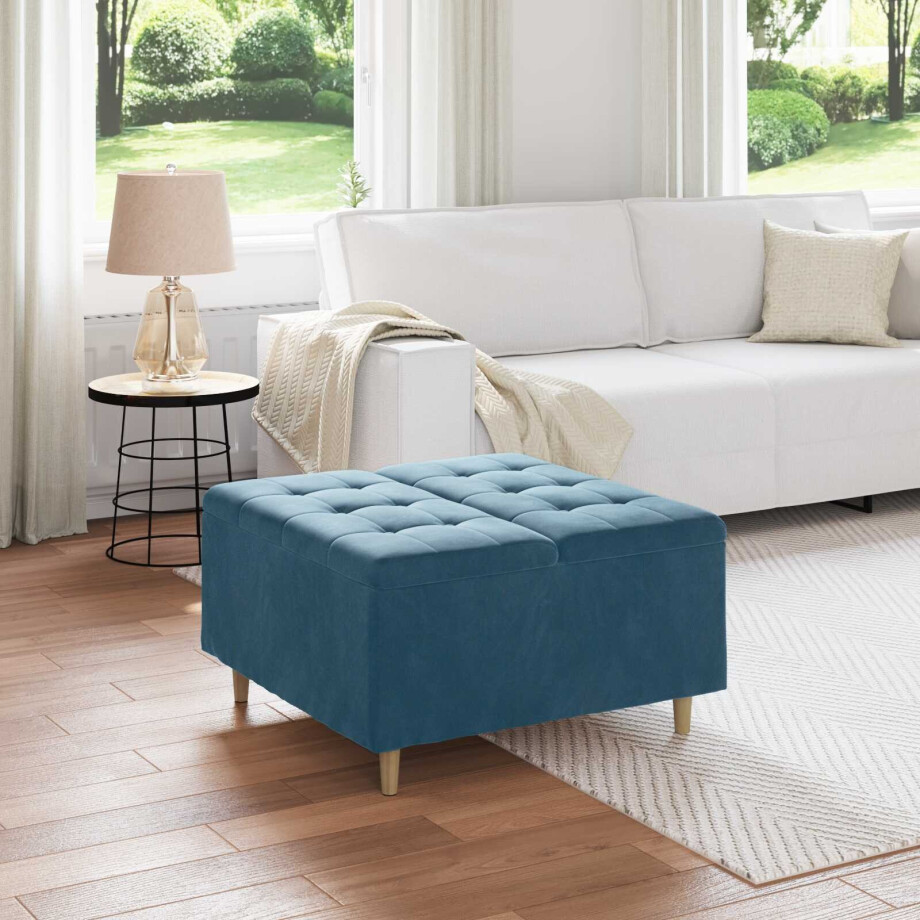 vidaXL Opslagottoman met kussen Blauw 80 x 80 x 45 cm Fluweel afbeelding 1
