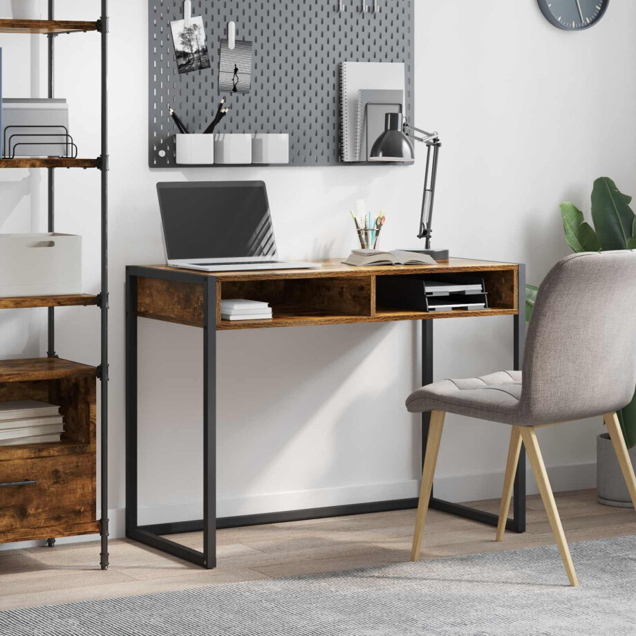 vidaXL Bureau met opslag Rook Eik 100 x 50 x 75 cm Bewerkt hout afbeelding 1