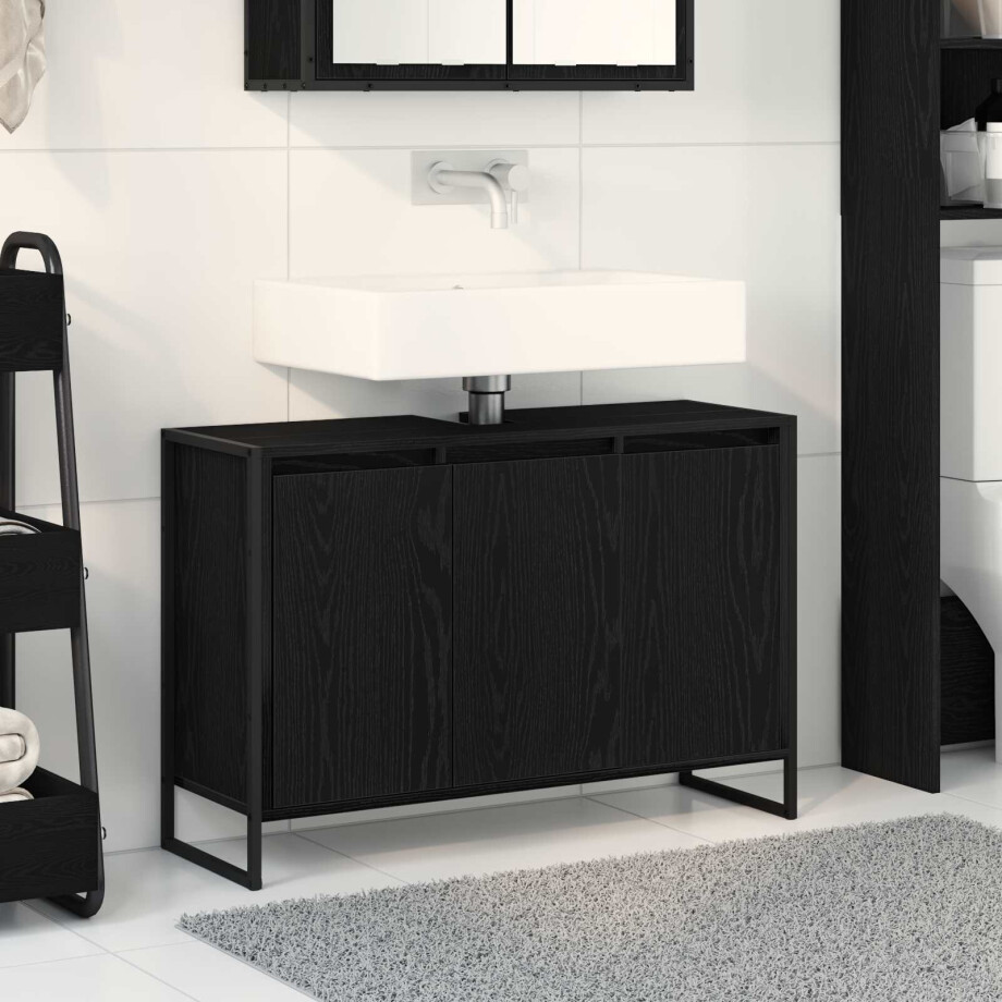 vidaXL Badkamer Kast Zwart Eiken 90 x 30 x 60 cm Bewerkt hout afbeelding 1
