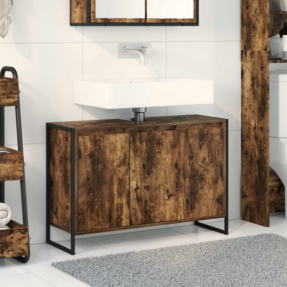 vidaXL Badkamer Kast met opslag Rook Eik 90 x 30 x 60 cm Bewerkt hout vidaXL Badkamer Kast met opslag Rook Eik 90 x 30 x 60 cm Bewerkt hout afbeelding 1