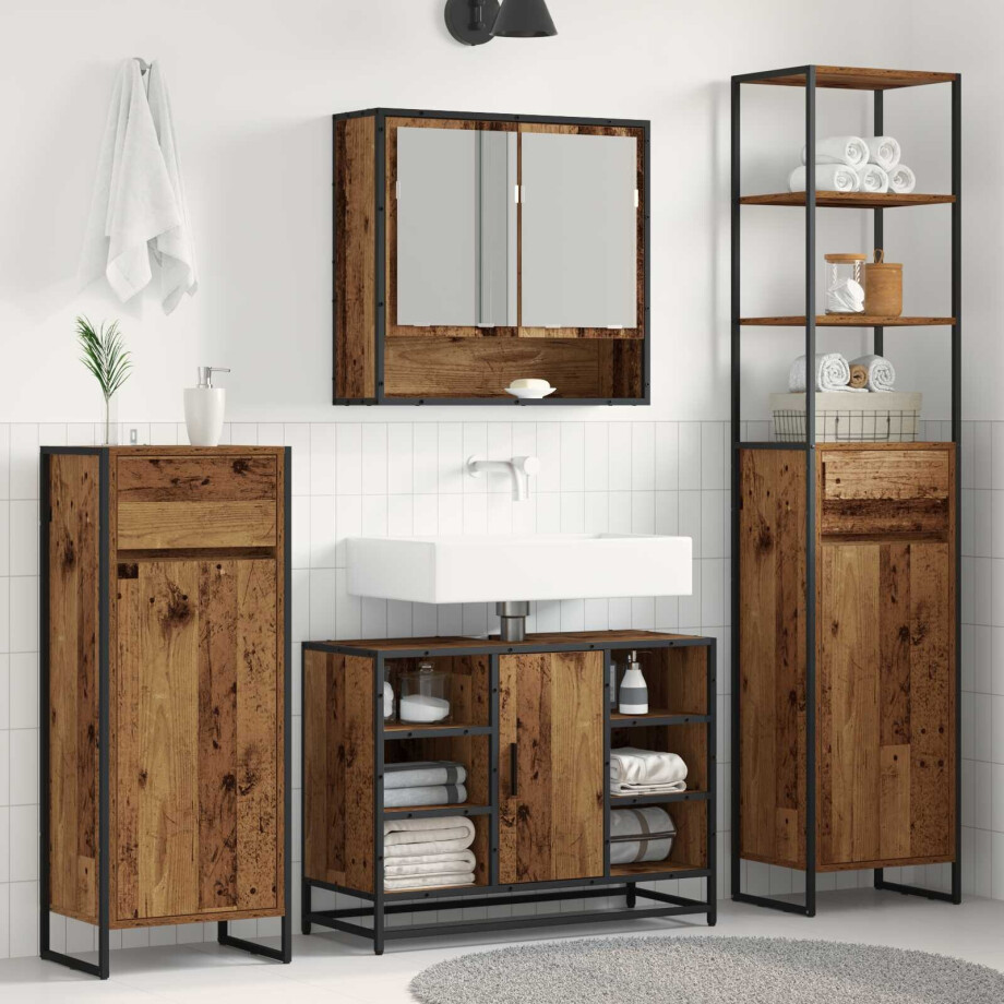 vidaXL Badkamer Kast met lade Oud Hout 40 x 30 x 100 cm Bewerkt hout afbeelding 1