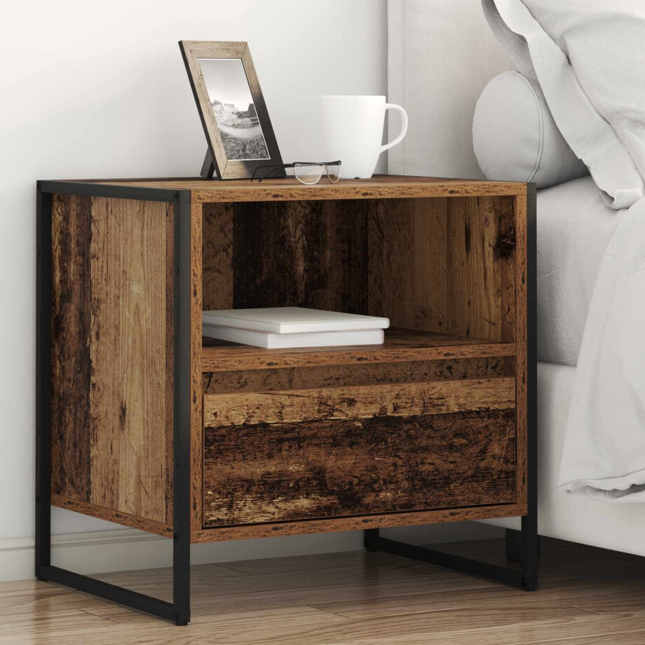 vidaXL Nachtkastje met lade Oud Hout 50 x 39,5 x 50 cm Bewerkt hout afbeelding 1