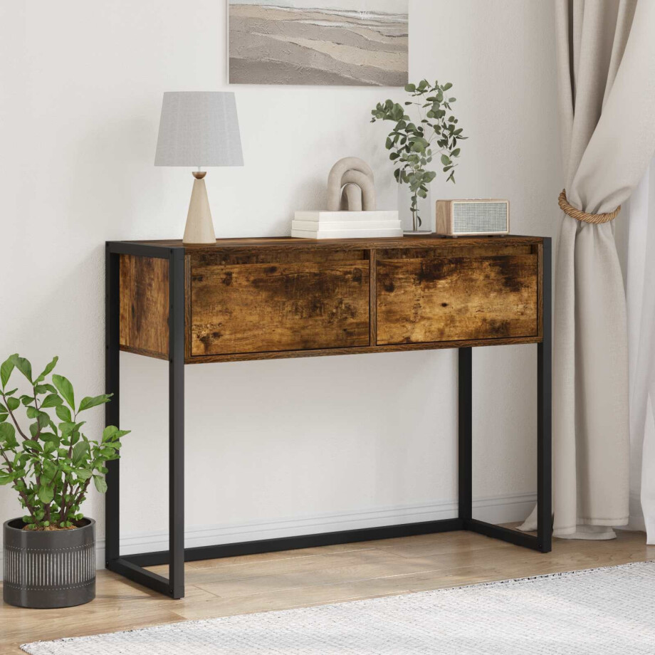 vidaXL Bijzettafel met lade Rook Eik 100 x 36 x 75 cm Bewerkt hout vidaXL Bijzettafel met lade Rook Eik 100 x 36 x 75 cm Bewerkt hout afbeelding 1