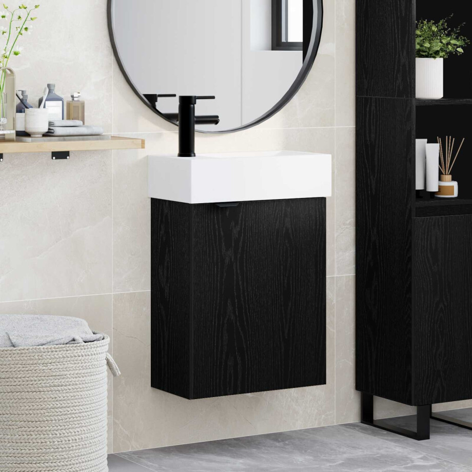 vidaXL Badkamermeubel met kraan Zwart eiken 45,5 x 22,5 x 84 cm afbeelding 1