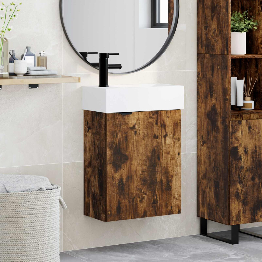 vidaXL Badkamermeubel met kraan Gerookt eiken 45,5 x 22,5 x 84 cm afbeelding 1