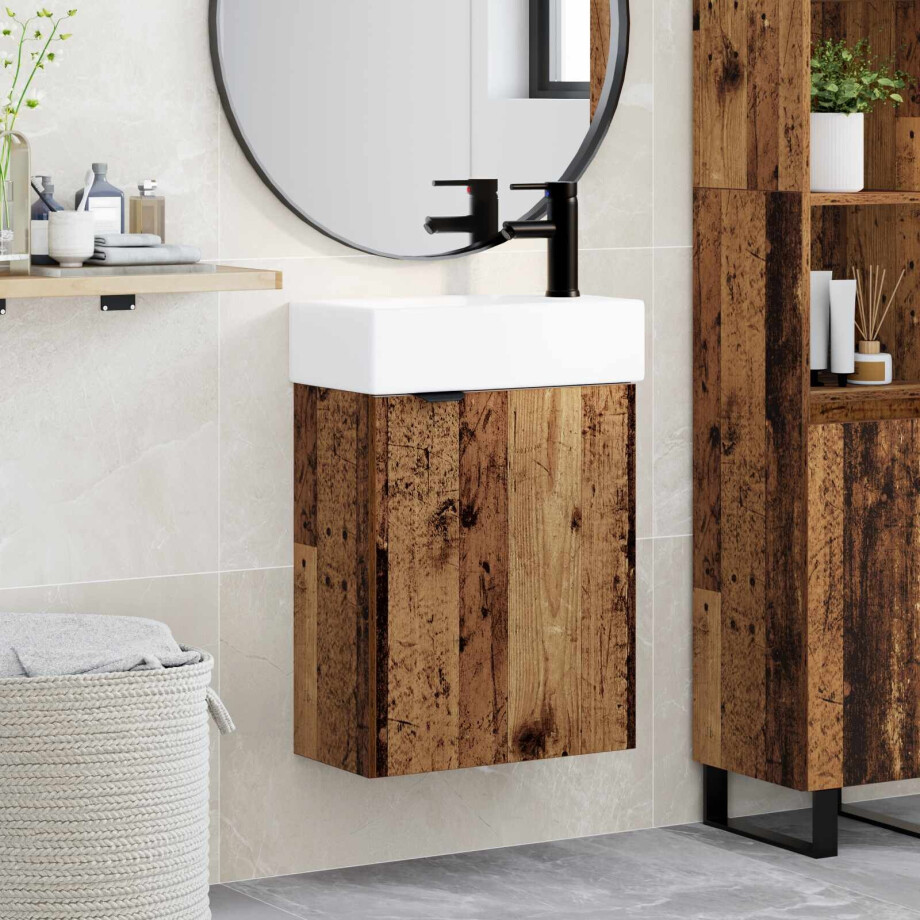 vidaXL Badkamermeubel met kraan Oud hout 45,5 x 22,5 x 84 cm afbeelding 1