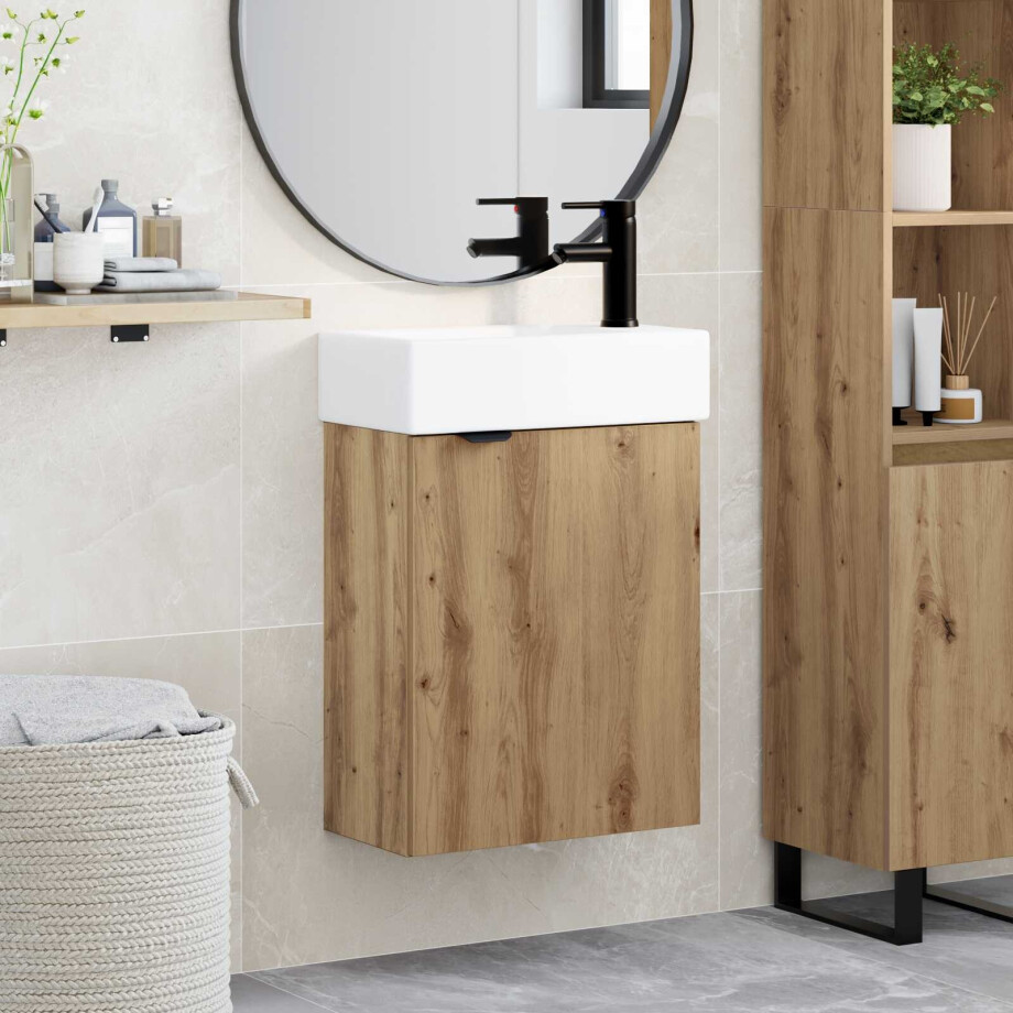 vidaXL Badkamermeubel met kraan Artisanaal eiken 45,5 x 22,5 x 84 cm vidaXL Badkamermeubel met kraan Artisanaal eiken 45,5 x 22,5 x 84 cm afbeelding 1