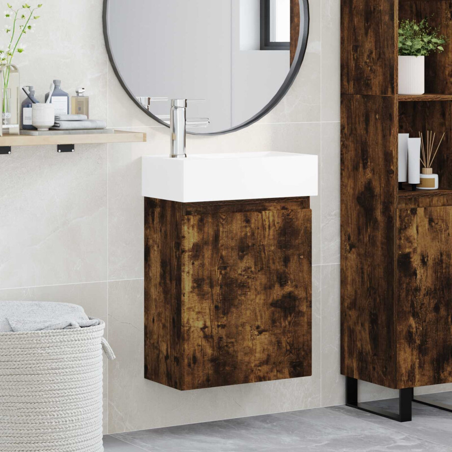 vidaXL Badkamermeubel met kraan Gerookt eiken 45,5 x 22,5 x 84 cm afbeelding 1