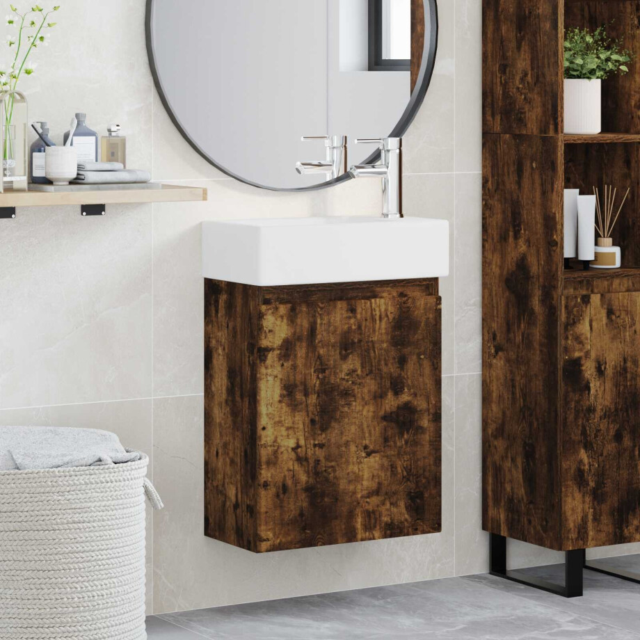 vidaXL Badkamermeubel met kraan Gerookt eiken 45,5 x 22,5 x 84 cm afbeelding 1