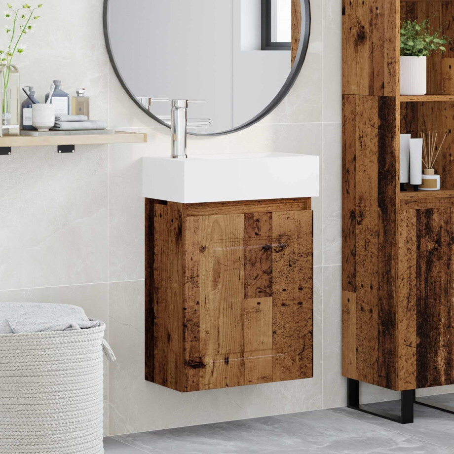 vidaXL Badkamermeubel met kraan Oud hout 45,5 x 22,5 x 84 cm afbeelding 1
