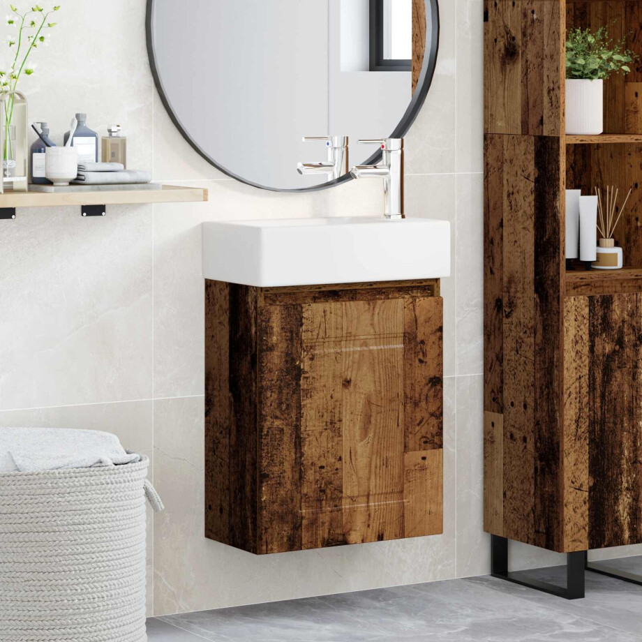vidaXL Badkamermeubel met kraan Oud hout 45,5 x 22,5 x 84 cm afbeelding 1