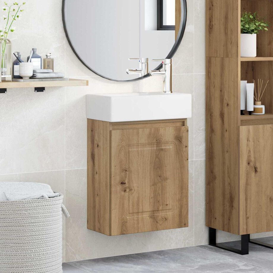 vidaXL Badkamermeubel met kraan Artisanaal eiken 45,5 x 22,5 x 84 cm vidaXL Badkamermeubel met kraan Artisanaal eiken 45,5 x 22,5 x 84 cm afbeelding 1