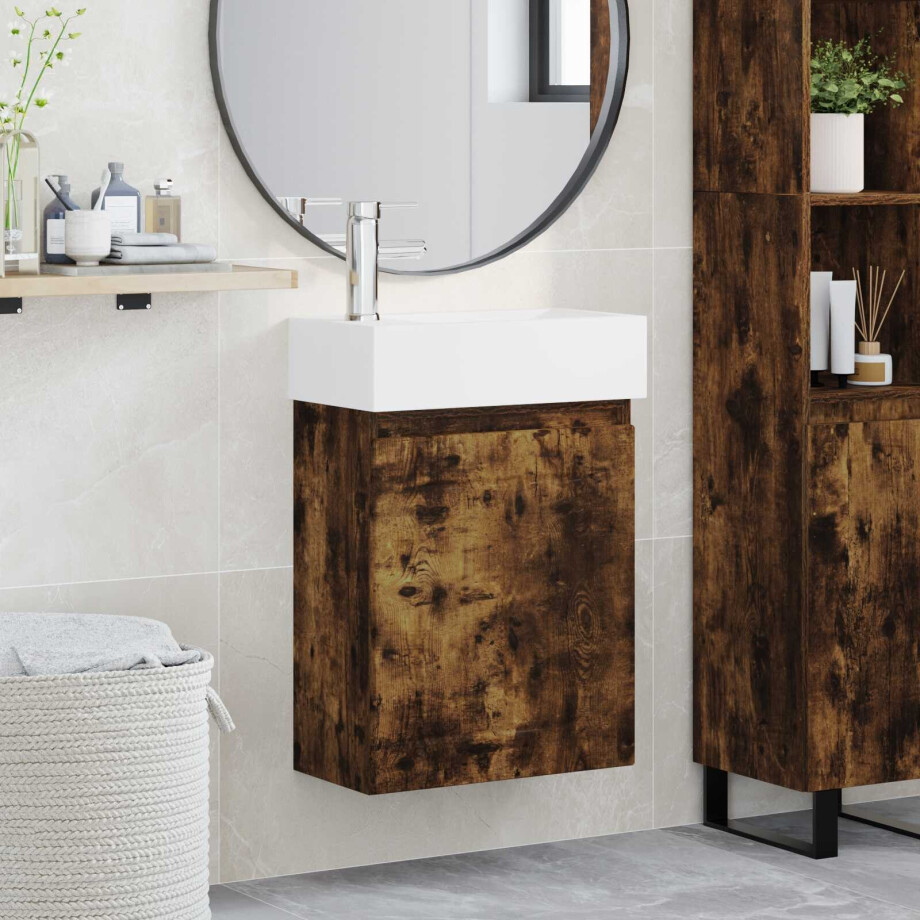 vidaXL Badkamermeubel met kraan Gerookt eiken 45,5 x 25,5 x 84 cm afbeelding 1